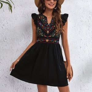Floral embroidered Flutter sleeve BohoChic feminine Dress Sz Med Black - SHEIN